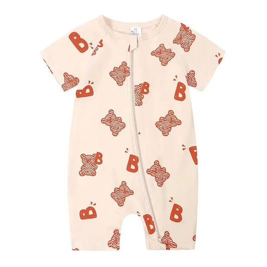Combinaison Été Manches Courtes Bébé Beige Clair avec Imprimés Ours et Lettres