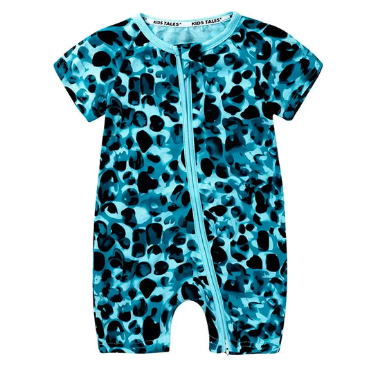 Grenouillère Sans Pieds Bébé Bleu Lagon à Motifs Léopard